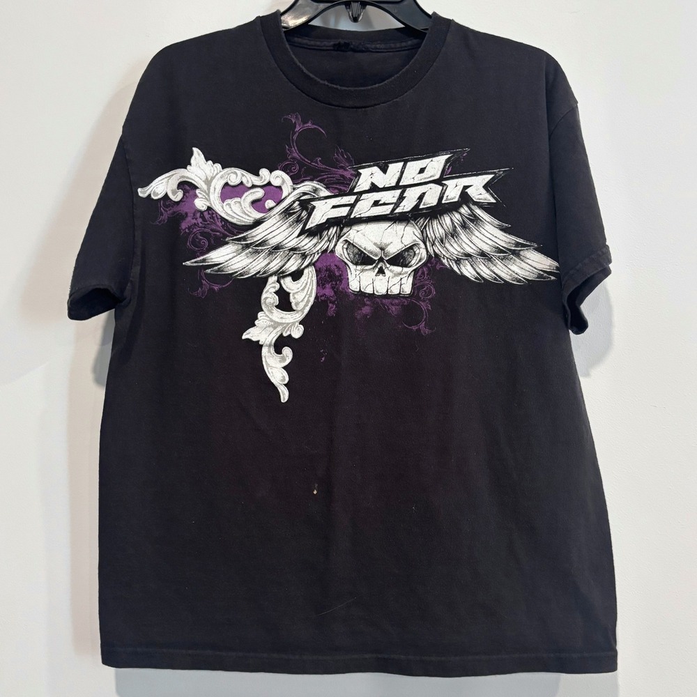 Vtg Y2K No Fear Mens Graphic T-Shirt Large Skull Wing Goth Grunge Skater 21413